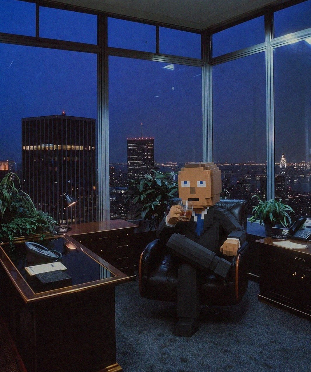 CLOCKIN businessman in a blue-hour executive office