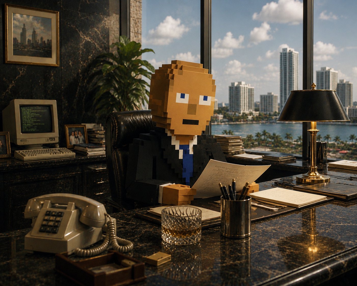 CLOCKIN businessman at an executive desk overlooking Miami